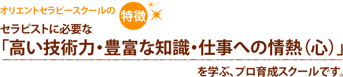 セラピストに必要な「高い技術力・豊富な知識・仕事への情熱（心）」を学ぶ、プロ育成スクールです。