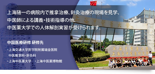 上海随一の病院内で推拿治療、針灸治療の現場を見学、中国医師による講義・技術指導の他、中医薬大学での人体解剖実習が受けられます。中国医療研修 研修先 ・上海交通大学医学院付属瑞金医院 中医拿科・針灸科,・上海中医薬大学,・上海中医薬博物館